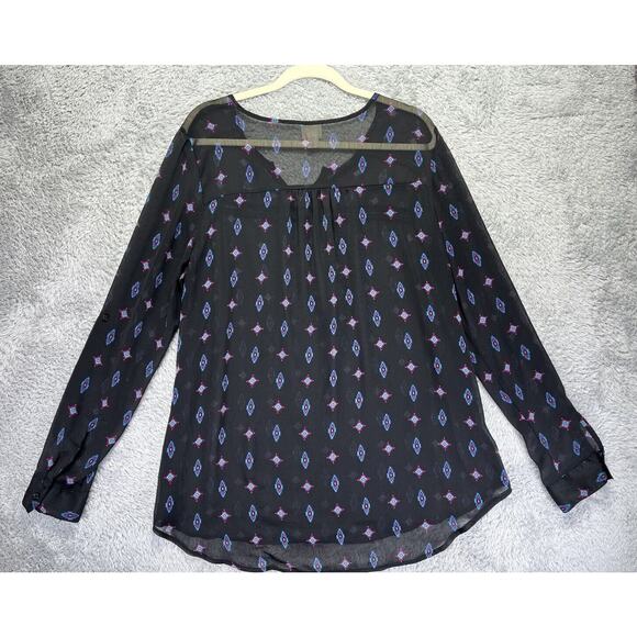 Mossimo Womens Black Sheer Top 2XL Aztec V Neck Peasant Boho Purple Popover XXL - Picture 2 of 7
